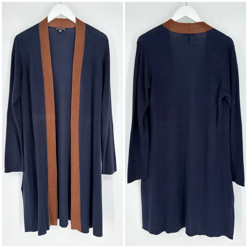 Eileen Fisher Tencel Silk Open Front Duster Cardigan Sweater Colorblock